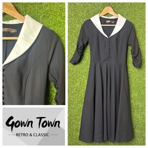 Gown Town Black Sailor Collar Vintage Style Dress 3/4 Ruched Sleeves‎ Size XS